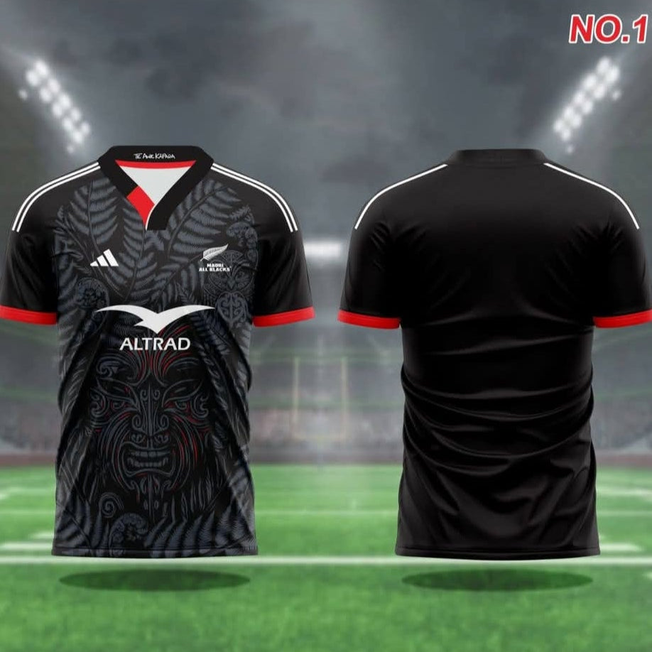 Black sports jersey with red accents on a grass field background