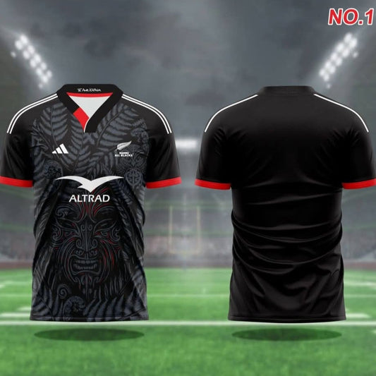 Black sports jersey with red accents on a grass field background
